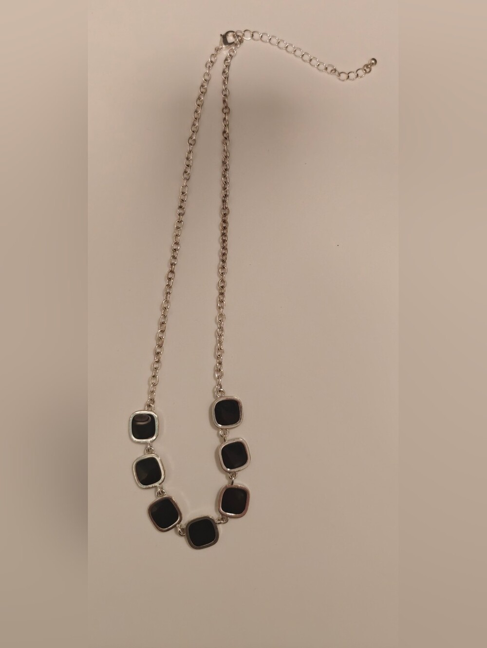 Liz Claiborne Silver Tone Black enamel Square Necklace Lobster Clasp w/Extender